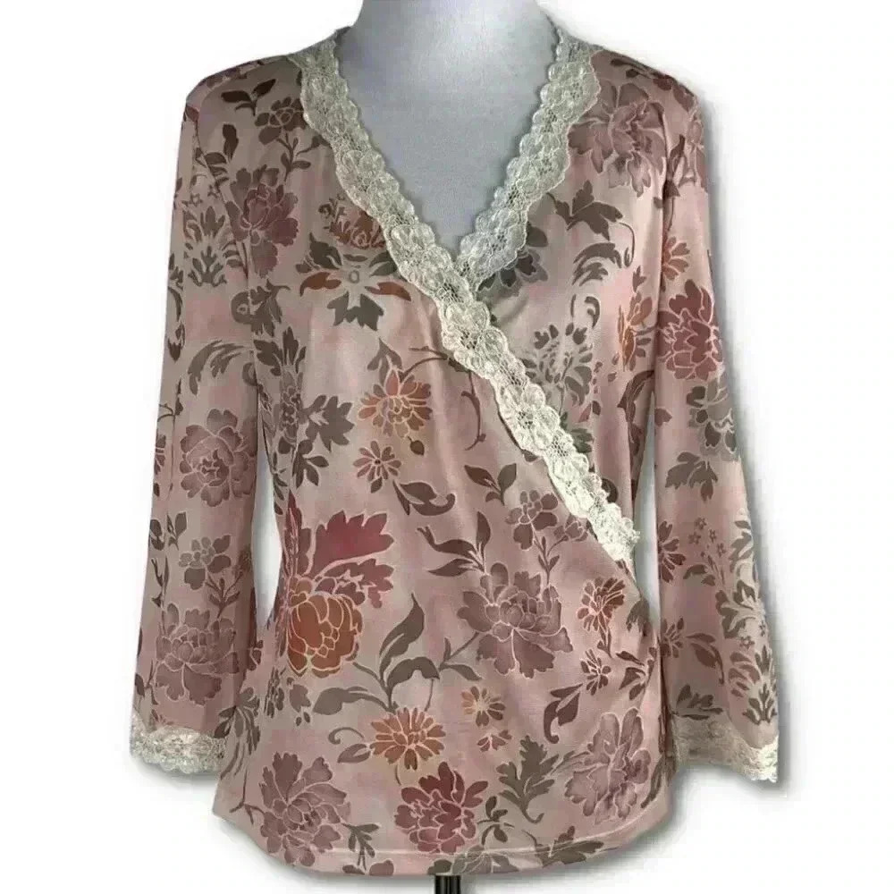 Nine West top sz large multicolored floral faux wrap 3/4 sleeve 90s Y2k vintage